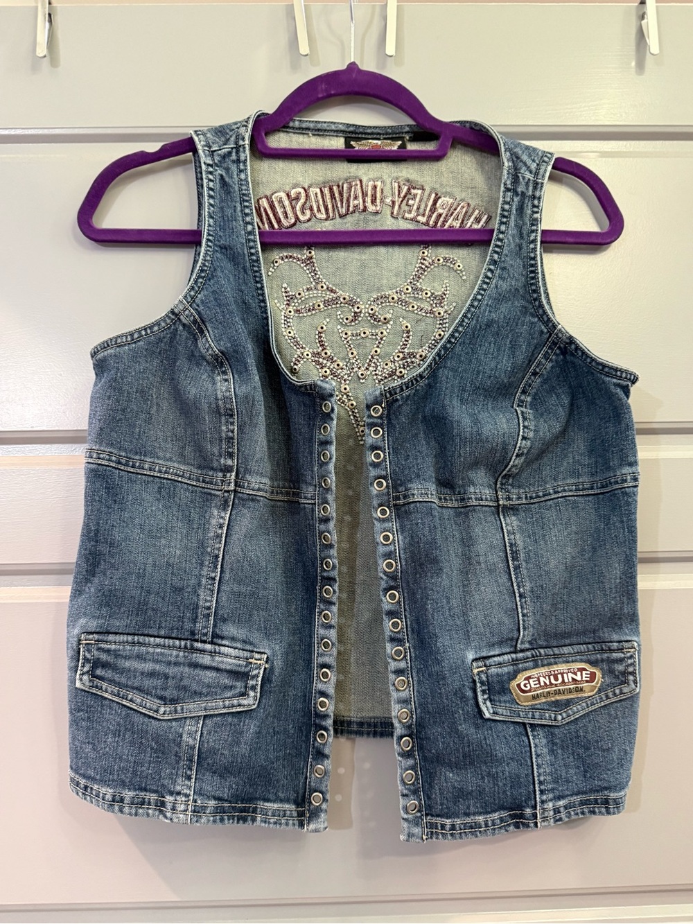 Harley-Davidson Denim Vest with Stud Accents and embroidered detail on the back